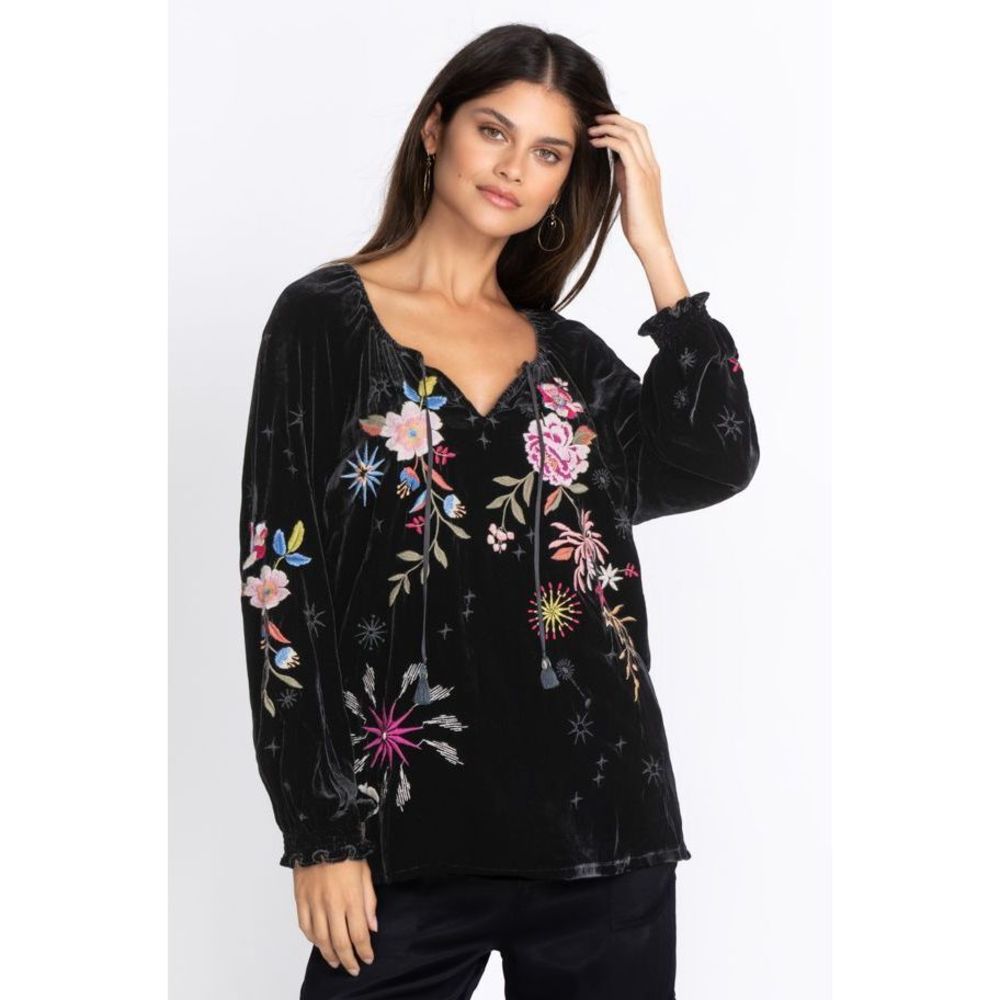 Johnny Was Floral Celestine Velvet Bishop Blouse Black Shirt Long Sleeve Top NEW